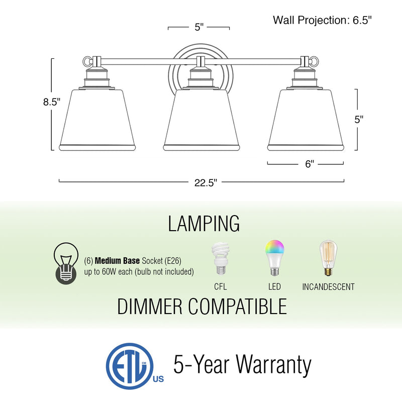Adair 23" Modern 3-Light Farmhouse Vanity / Bathroom Light