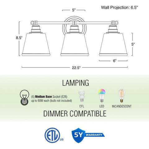 Adair 23" Modern 3-Light Farmhouse Vanity/Bathroom Light