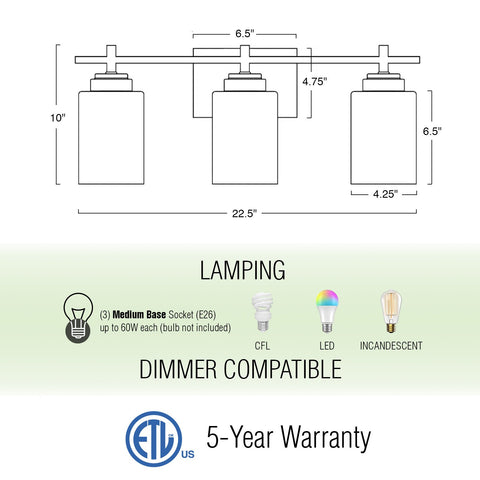 Brenton 23" 3-Light Modern Chic Vanity / Bathroom Light