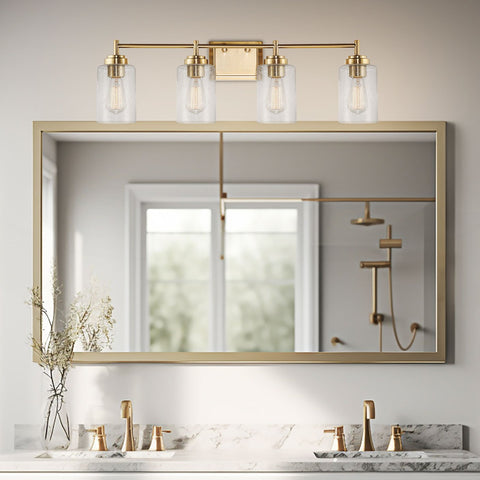 Kira Home Brenton 32" 4-Light Modern Chic Vanity / Bathroom Light + Seeded Cylinder Glass Shades, Cool Brass/Gold Finish