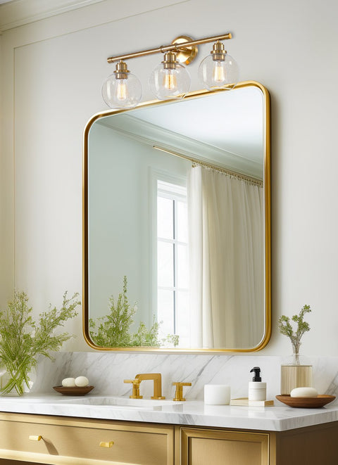 Kira Home Ayla 23" Modern 3-Light Vanity/Bathroom Light, Clear Seeded Glass Globe Shades + Cool Brass / Gold Finish