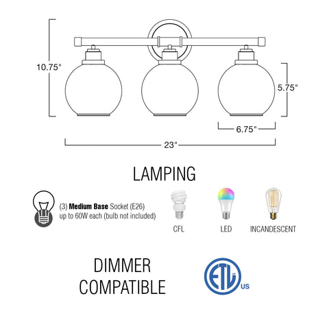 Ayla 23" Modern 3-Light Vanity/Bathroom Light