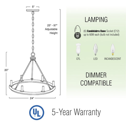 Homestead 24" 6-Light Industrial Rustic Farmhouse Wagon Wheel Kitchen Island Chandelier