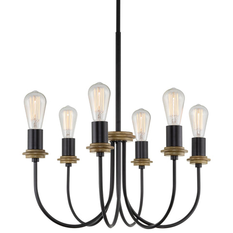 Kira Home Upton 23" 6-Light Modern Mid Century Chandelier + Curved Arms, Smoked Birch Wood Style + Black Finish