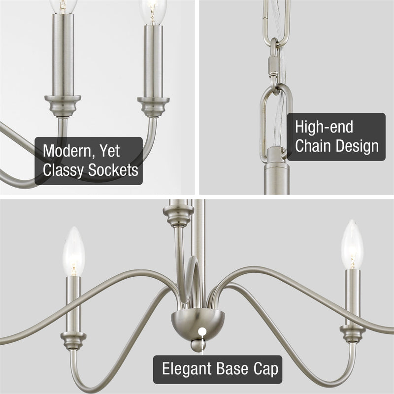 Kira Home Archer 28" 5-Light Large Modern Chandelier + Curved Arms, Adjustable Hanging Height, Brushed Nickel Finish