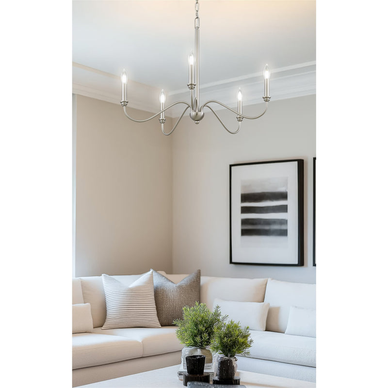 Kira Home Archer 28" 5-Light Large Modern Chandelier + Curved Arms, Adjustable Hanging Height, Brushed Nickel Finish