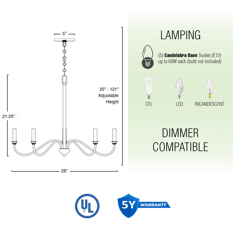 Kira Home Archer 28" 5-Light Large Modern Chandelier + Curved Arms, Adjustable Hanging Height, Brushed Nickel Finish