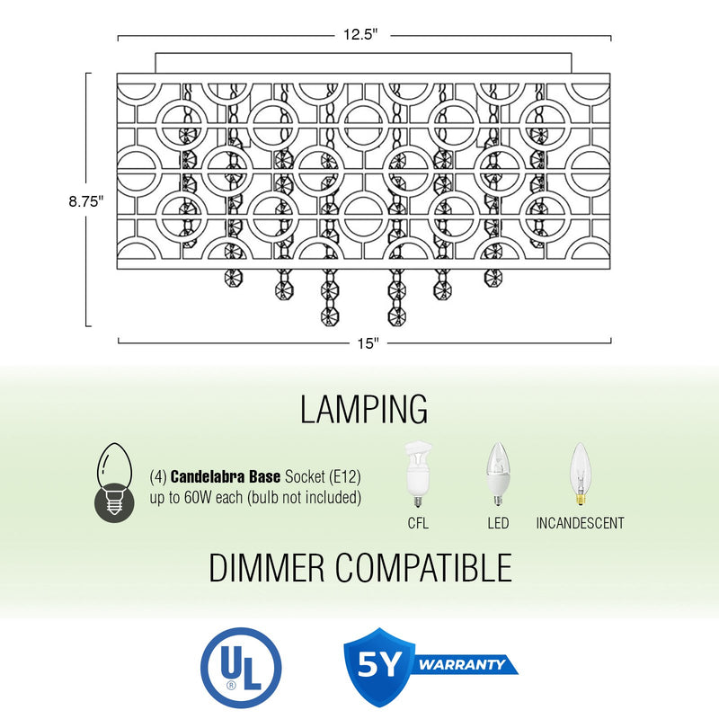 Brielle 15" Modern Chic 4-Light Crystal Flush Mount Chandelier