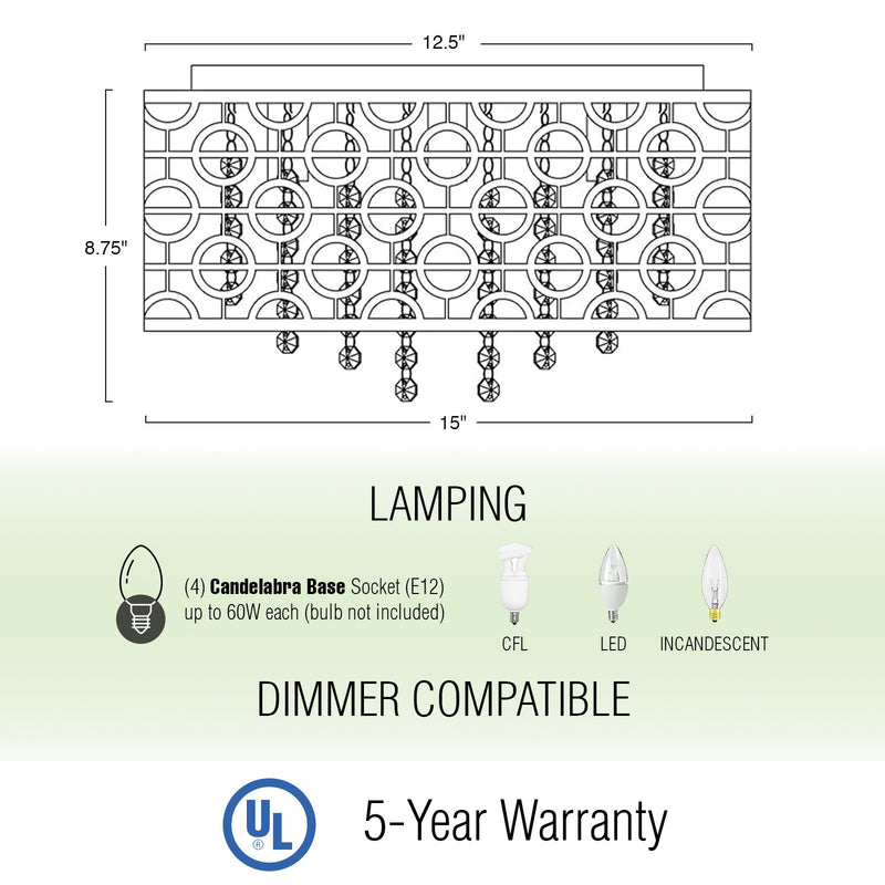 Brielle 15" Modern Chic 4-Light Crystal Flush Mount Chandelier