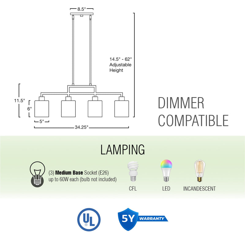 Stratford 34" 4-Light Modern Industrial Farmhouse Island Light