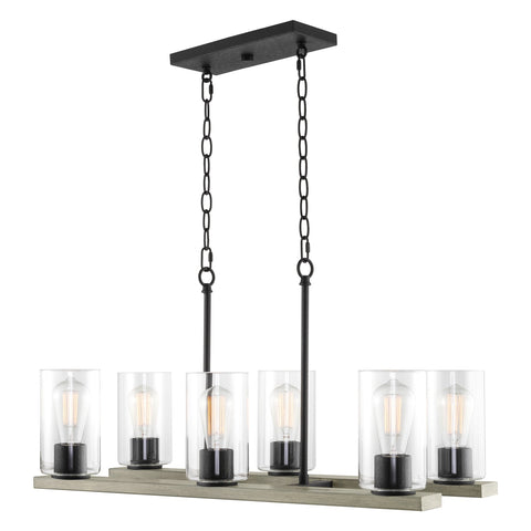 Kira Home Piedmont 30" 6-Light Large Farmhouse Kitchen Island Light / Chandelier | Clear Glass Cylinder Shades | Rustic Gray Oak Wood Style + Textured Black Finish