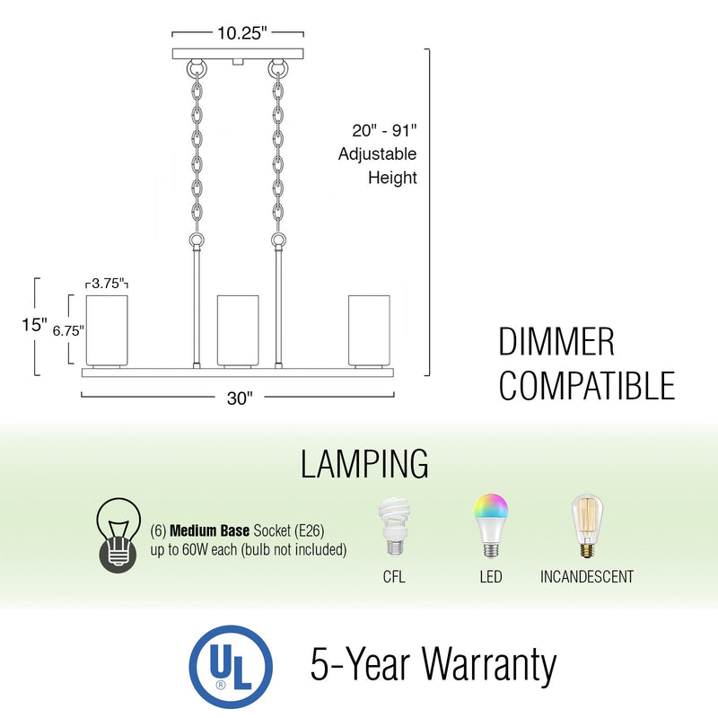 Piedmont 30" 6-Light Large Farmhouse Kitchen Island Chandelier