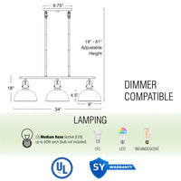Belle 34" 3-Light Modern Industrial Kitchen Island Light