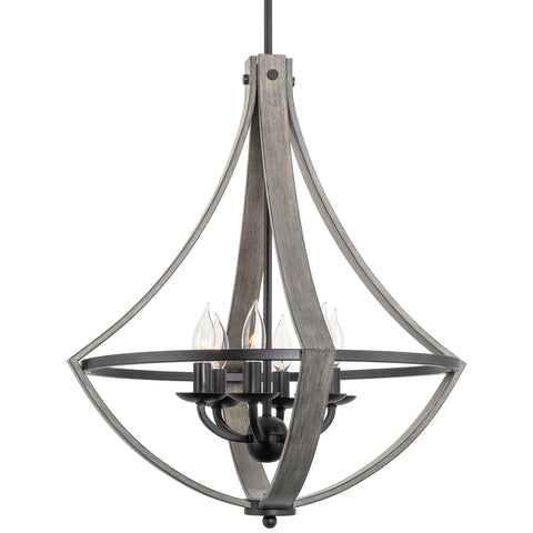 Kira Home Laguna 26" 6-Light Modern Rustic Foyer Chandelier, Wood Style Metal Frame, Black Accents + Gray Oak Wood Finish