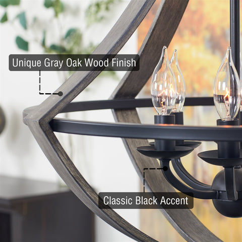 Kira Home Laguna 26" 6-Light Modern Rustic Foyer Chandelier, Wood Style Metal Frame, Black Accents + Gray Oak Wood Finish