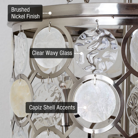 Kira Home Estelle 13.5" Modern Chic 3-Light Crystal Pendant Chandelier, Wavy Glass + Capiz Shell Accents, Brushed Nickel Finish