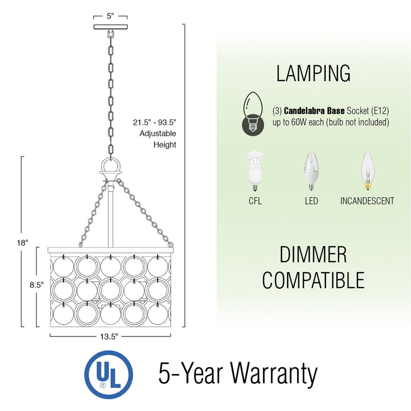 Estelle 18" Modern Chic 3-Light Crystal Pendant Chandelier