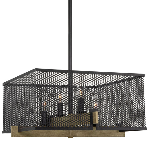 Kira Home Channing 28" Modern 4-Light Pendant Light Chandelier, Industrial Farmhouse Lighting, Square Mesh Cage Design + Smoked Birch Wood with Black Finish - Ideal Farmhouse Light for Stylish Spaces