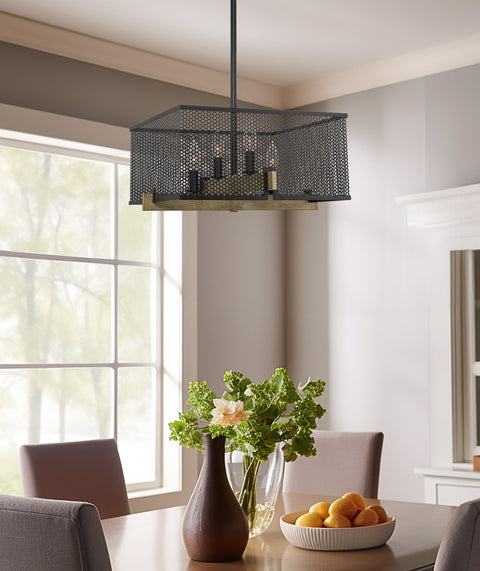 Kira Home Channing 28" Modern 4-Light Pendant Light Chandelier, Industrial Farmhouse Lighting, Square Mesh Cage Design + Smoked Birch Wood with Black Finish - Ideal Farmhouse Light for Stylish Spaces