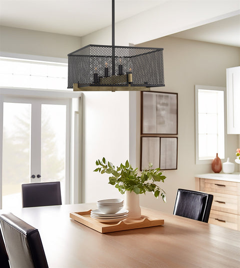 Kira Home Channing 28" Modern 4-Light Pendant Light Chandelier, Industrial Farmhouse Lighting, Square Mesh Cage Design + Smoked Birch Wood with Black Finish - Ideal Farmhouse Light for Stylish Spaces