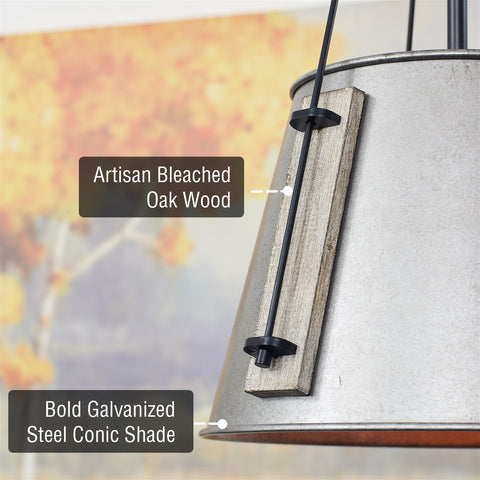 Kira Home Basin 12" 1-Light Industrial Pendant Light + Galvanized Steel Conic Shade, Vintage Farmhouse Metal Hanging Light, Bleached Oak Style, Black