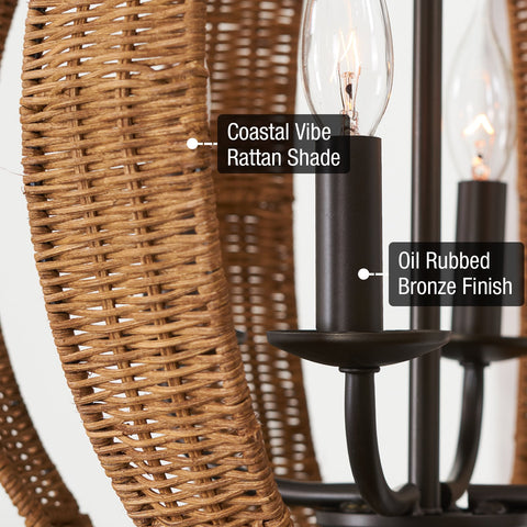 Kira Home Kendall 20" 4-Light Modern Rustic Armillary Round Pendant Chandelier, Rattan Style + Oil Rubbed Bronze Finish