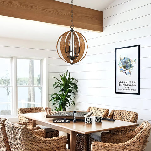 Kira Home Kendall 20" 4-Light Modern Rustic Armillary Round Pendant Chandelier, Rattan Style + Oil Rubbed Bronze Finish