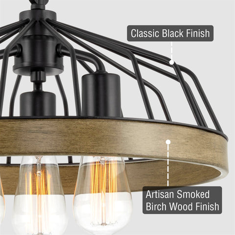 Kira Home Fairview 15" 3-Light Industrial Farmhouse Semi Flush Convertible Pendant Chandelier Light with Cage Shade, Rustic Smoked Birch Wood Style + Black Finish