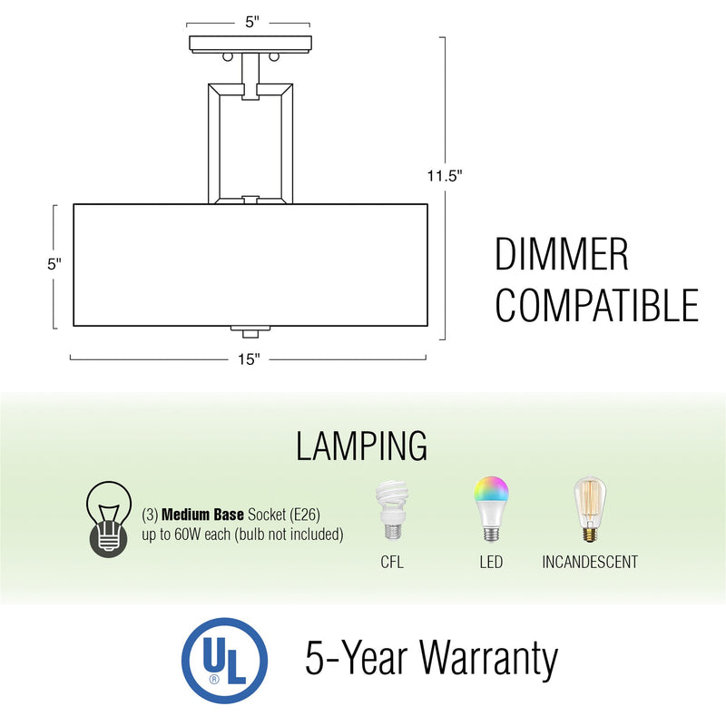 Cove 15" 3-Light Semi Flush Mount Ceiling Light