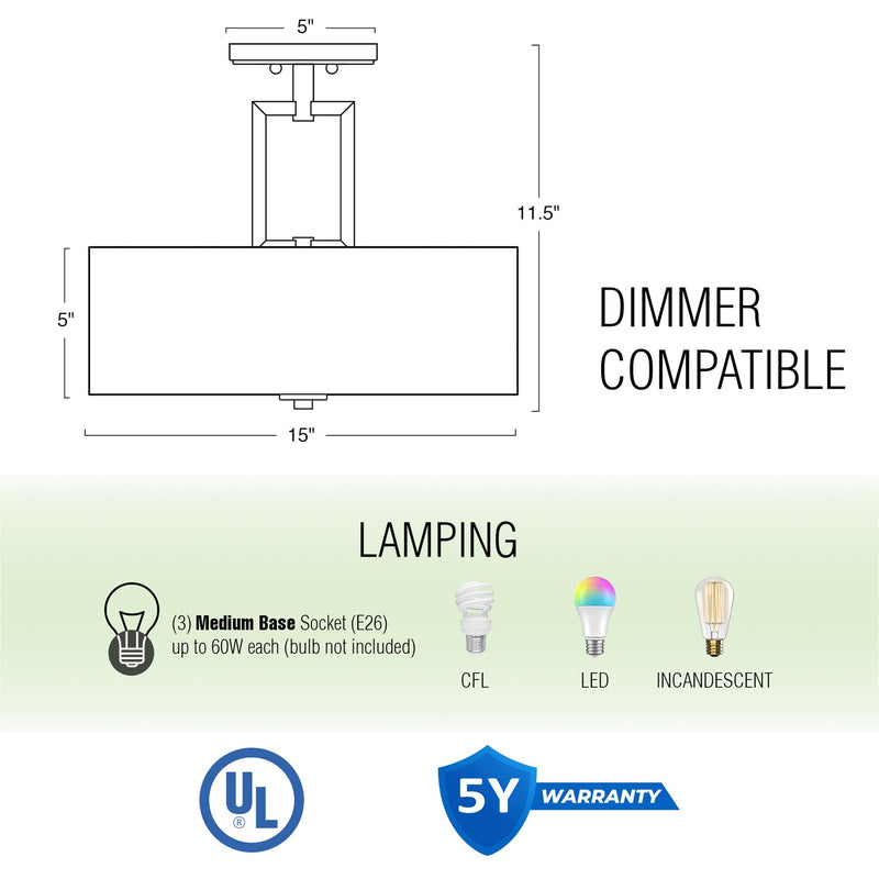 Cove 15" 3-Light Semi Flush Mount Ceiling Light