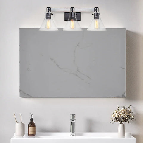 Kira Home Anza 25" 3-Light Farmhouse Vanity / Bathroom Light + Conic Seeded Glass Shades, White Ash Wood Style + Black Finish