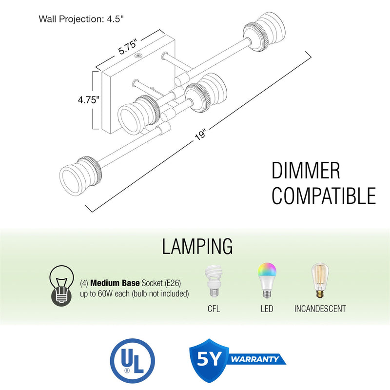 Quattro 19" Modern Industrial 4-Light Linear Vanity Light