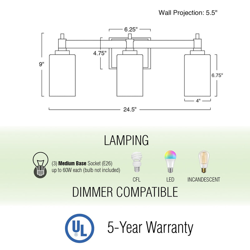 Theo 25" 3-Light Modern Farmhouse Vanity / Bathroom Light