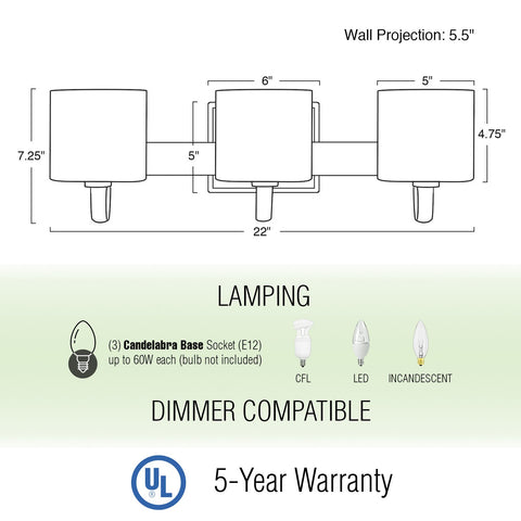 Clara 22" 3-Light Modern Farmhouse Vanity / Bathroom Light