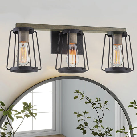 Kira Home Maddox 23" 3-Light Farmhouse Vanity / Bathroom Light + Metal Cage Shades, Gray Oak Wood Style + Textured Black Finish