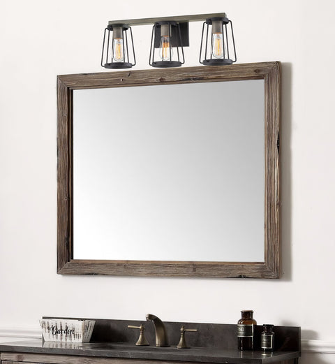 Kira Home Maddox 23" 3-Light Farmhouse Vanity / Bathroom Light + Metal Cage Shades, Gray Oak Wood Style + Textured Black Finish