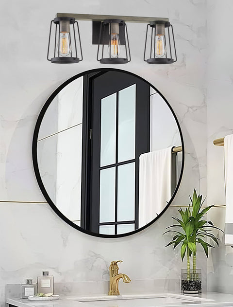 Kira Home Maddox 23" 3-Light Farmhouse Vanity / Bathroom Light + Metal Cage Shades, Gray Oak Wood Style + Textured Black Finish