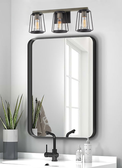 Kira Home Maddox 23" 3-Light Farmhouse Vanity / Bathroom Light + Metal Cage Shades, Gray Oak Wood Style + Textured Black Finish