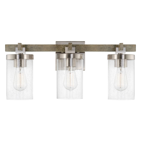 Kira Home Concord 22" 3-Light Farmhouse Vanity / Bathroom Light + Seeded Cylinder Glass Shades, Reclaimed Oak Wood Style + Brushed Nickel Finish