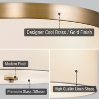 Kira Home Walker 15" Mid-Century Modern 3-Light Flush Mount Ceiling Light, White Fabric Shade + Round Glass Diffuser, Cool Brass Finish