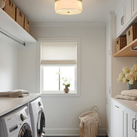 Kira Home Walker 15" Mid-Century Modern 3-Light Flush Mount Ceiling Light, White Fabric Shade + Round Glass Diffuser, Cool Brass Finish