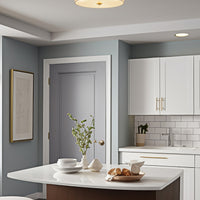 Kira Home Walker 15" Mid-Century Modern 3-Light Flush Mount Ceiling Light, White Fabric Shade + Round Glass Diffuser, Cool Brass Finish