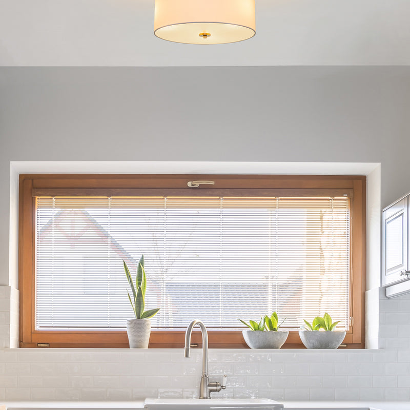 Kira Home Walker 15" Mid-Century Modern 3-Light Flush Mount Ceiling Light, White Fabric Shade + Round Glass Diffuser, Cool Brass Finish