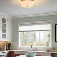 Kira Home Walker 15" Mid-Century Modern 3-Light Flush Mount Ceiling Light, White Fabric Shade + Round Glass Diffuser, Cool Brass Finish