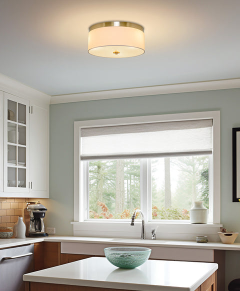 Kira Home Walker 15" Mid-Century Modern 3-Light Flush Mount Ceiling Light, White Fabric Shade + Round Glass Diffuser, Cool Brass Finish