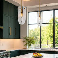 Video: Kira Home Mira 18.5" Large Sculptural Pendant Light + Art Glass w/ White Swirl, Cool Brass Finish