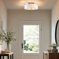 Video: Kira Home Walker 15" Mid-Century Modern 3-Light Flush Mount Ceiling Light, White Fabric Shade + Round Glass Diffuser, Brushed Nickel Finish